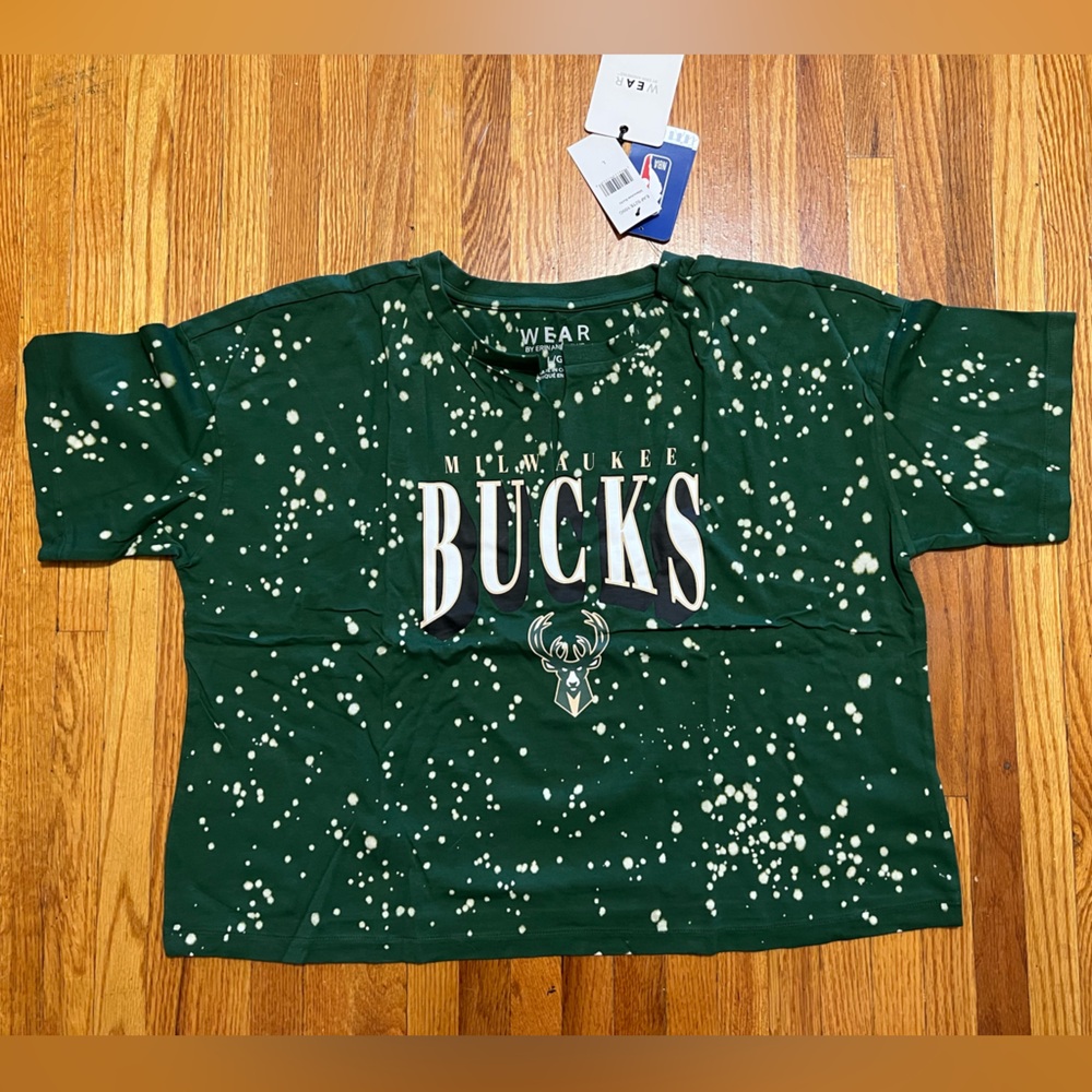 Women's Milwaukee Bucks WEAR by Erin Andrews Bleach Splatter Notch Neck Tee